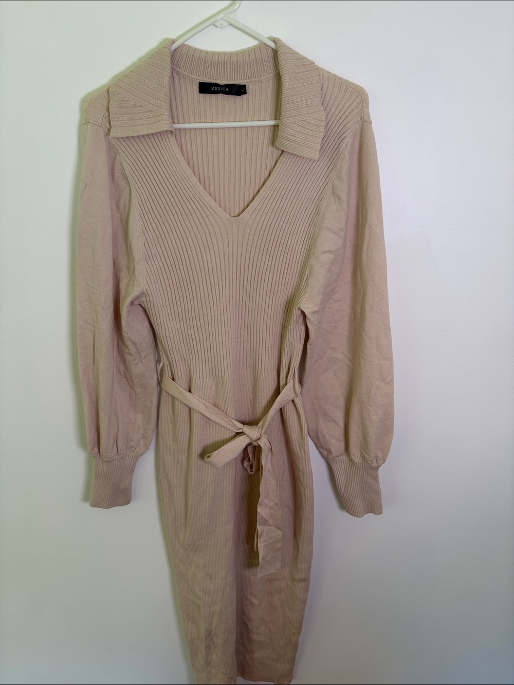 Ribbed V-Neck Belted Long Sleeve Dress in Beige - Picture 2 of 9